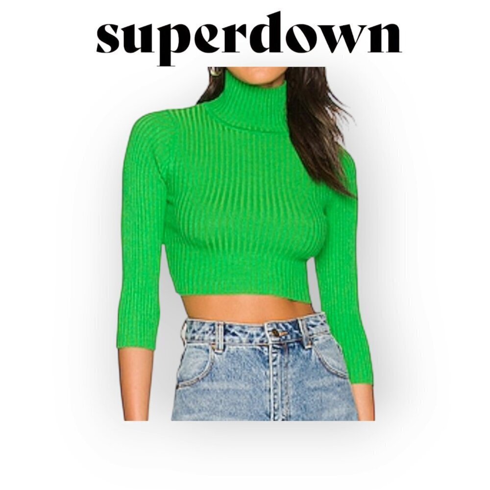 Revolve Superdown Milenka Ribbed Crop Sweater Kelly Green XS NWT